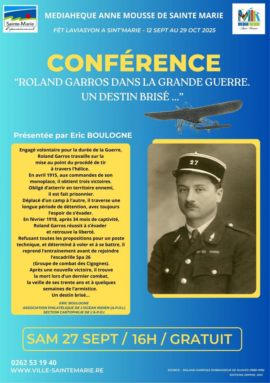 Conférence « Roland GARROS dans la Grande Guerre. Un est destin brisé … » présentée par M. Eric BOULOGNE